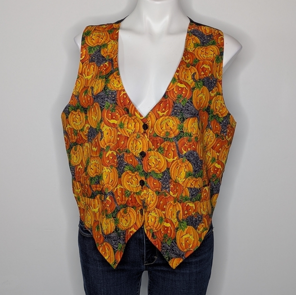 Vintage Saddle River Orange Pumpkin Black Cat Tie Back Button Up Halloween Vest